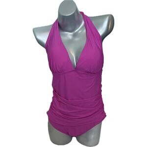 DKNY Womens Swimsuit Size XL Fuschia Pink Shirred Plunge Halter One Piece